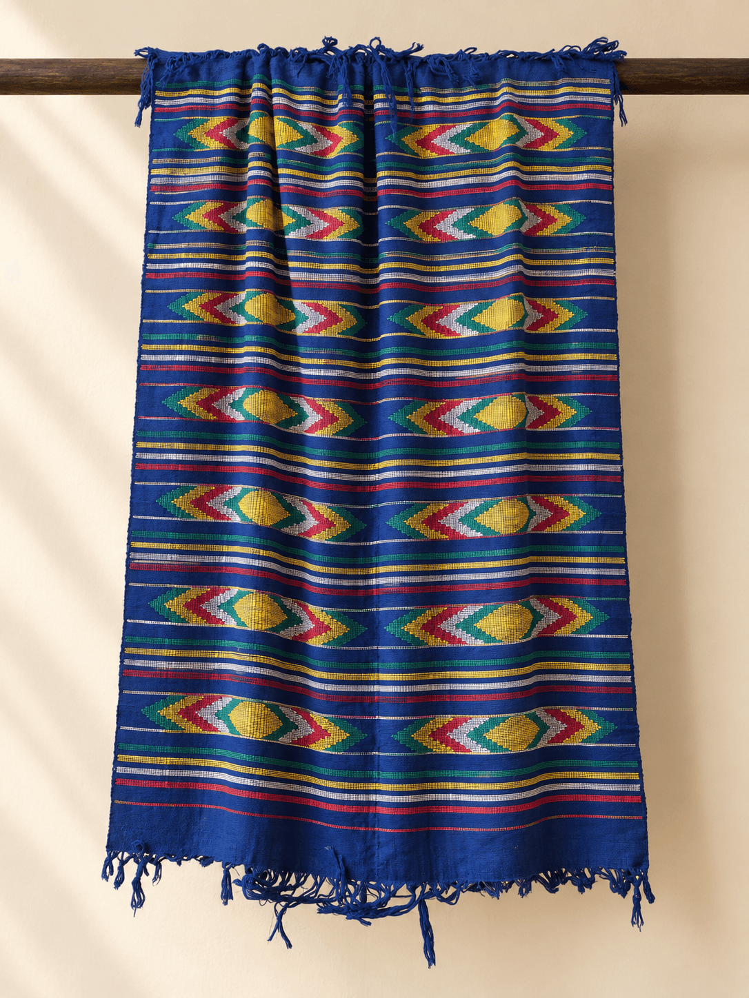 Royal Blue, Diamond & Chevron draped over a rail